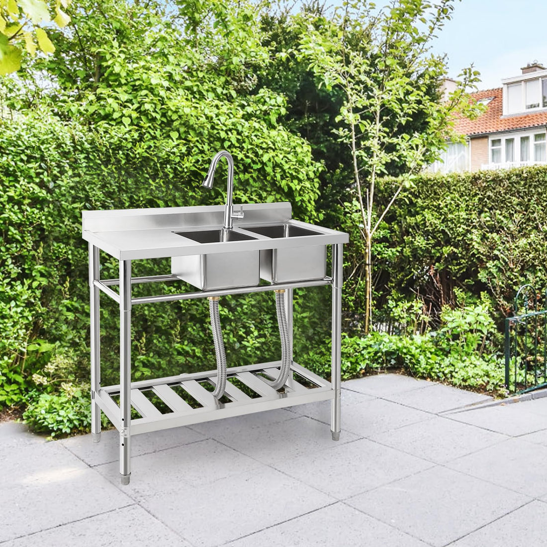 Garvee Évier commercial double bac en acier inoxydable, robinet pivotant 360°, étagères de rangement, pour cuisine et extérieur, 33 × 33 × 21 cm.