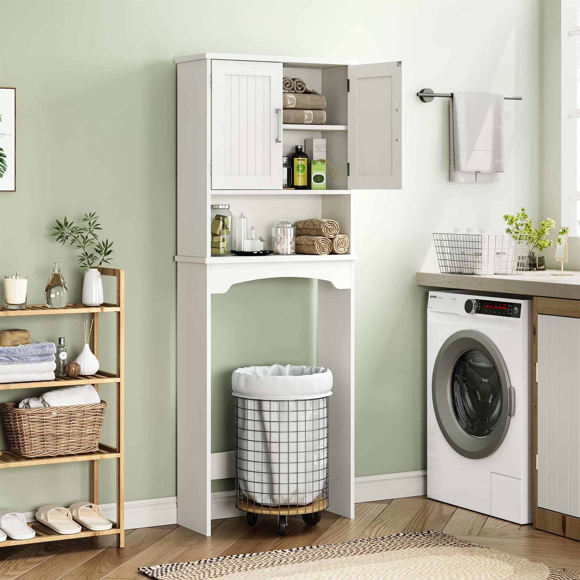 Meuble de rangement Garvee à suspendre au-dessus des toilettes, en MDF avec double porte et protection anti-basculement, pour salle de bain et buanderie, blanc, gain de place, polyvalent
