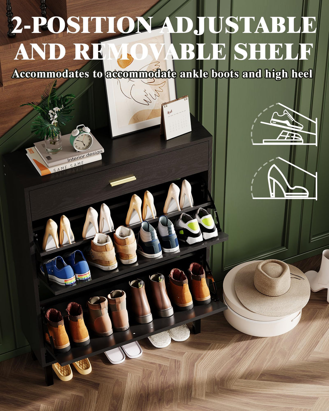 Meuble à chaussures étroit Garvee avec 3 tiroirs, étagères réglables, en MDF, stable et idéal pour l'entrée ou le couloir. Design moderne, coloris naturels.