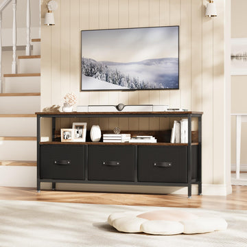 Garvee Meuble TV 140 cm avec 3 tiroirs, structure en MDF et métal robuste, idéal pour le salon et la chambre, pieds réglables, compact, marron
