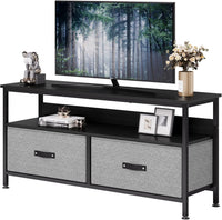 Garvee Meuble TV 99 cm pour téléviseurs jusqu'à 127 cm avec 2 tiroirs en tissu et une étagère ouverte, pour salon et chambre, structure en métal noir, plateau en bois, pieds réglables