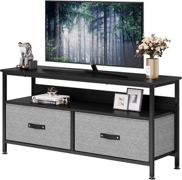Garvee Meuble TV 99 cm pour téléviseurs jusqu'à 127 cm avec 2 tiroirs en tissu et une étagère ouverte, pour salon et chambre, structure en métal noir, plateau en bois, pieds réglables