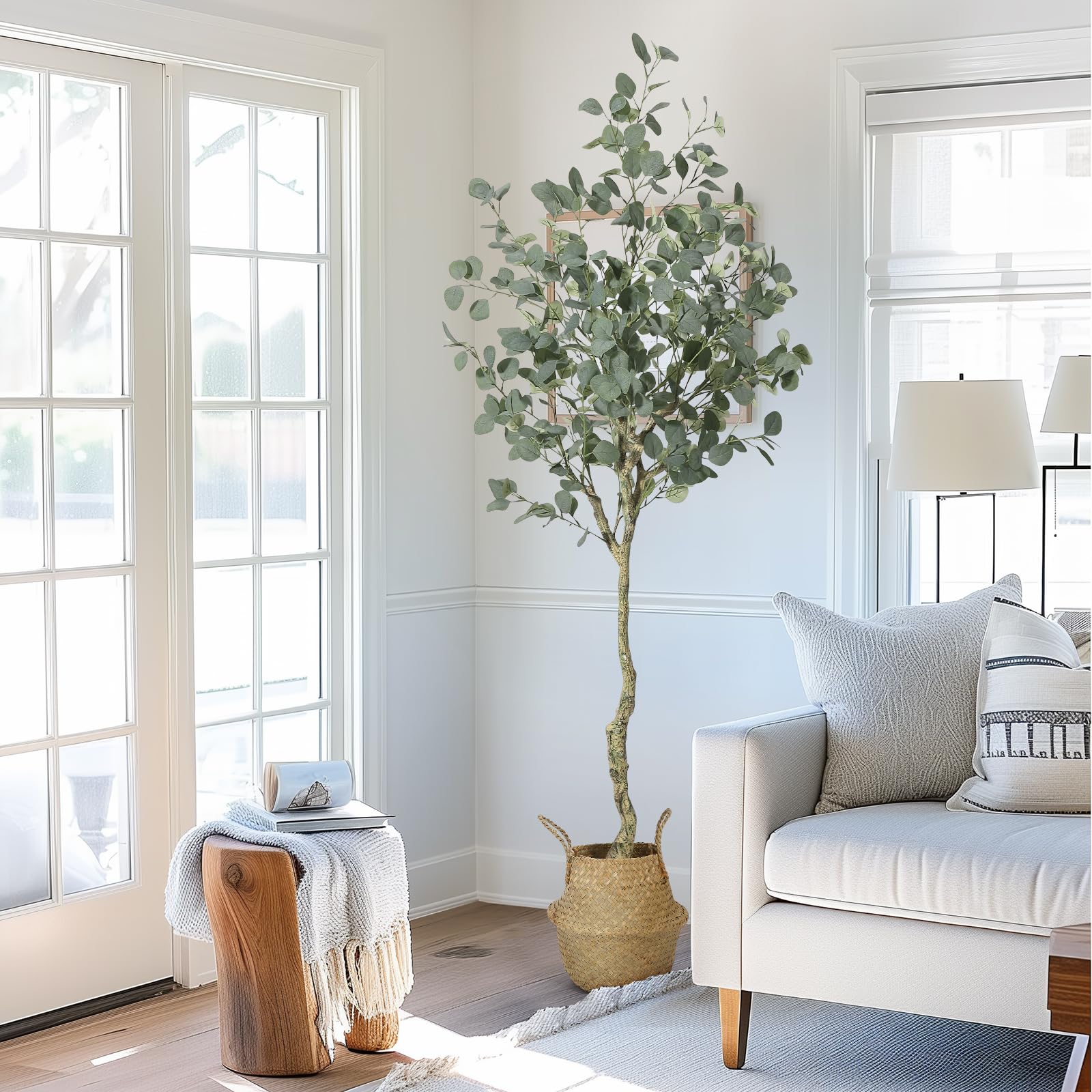 Eucalyptus artificiel Garvee de 120/150/180 cm avec tronc réaliste en PE, branches ajustables, matériau en soie ignifugée, pot stable en PP pour le bureau et la maison, vert
