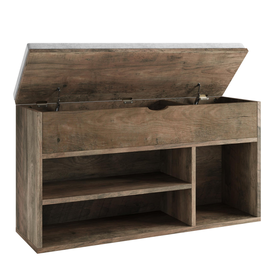 Banc Garvee avec étagère à chaussures et rangement, en bois, assise rembourrée, 2 niveaux, plateau relevable, gris-brun, pour entrée et chambre, 100 cm L x 30 cm l x 57 cm H
