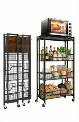 Garvee Étagère Pliante Cuisine 4 Niveaux Bois avec Roulettes Verrouillables, Cadre Métal Robuste, Gain de Place, Usage Polyvalent, Naturel