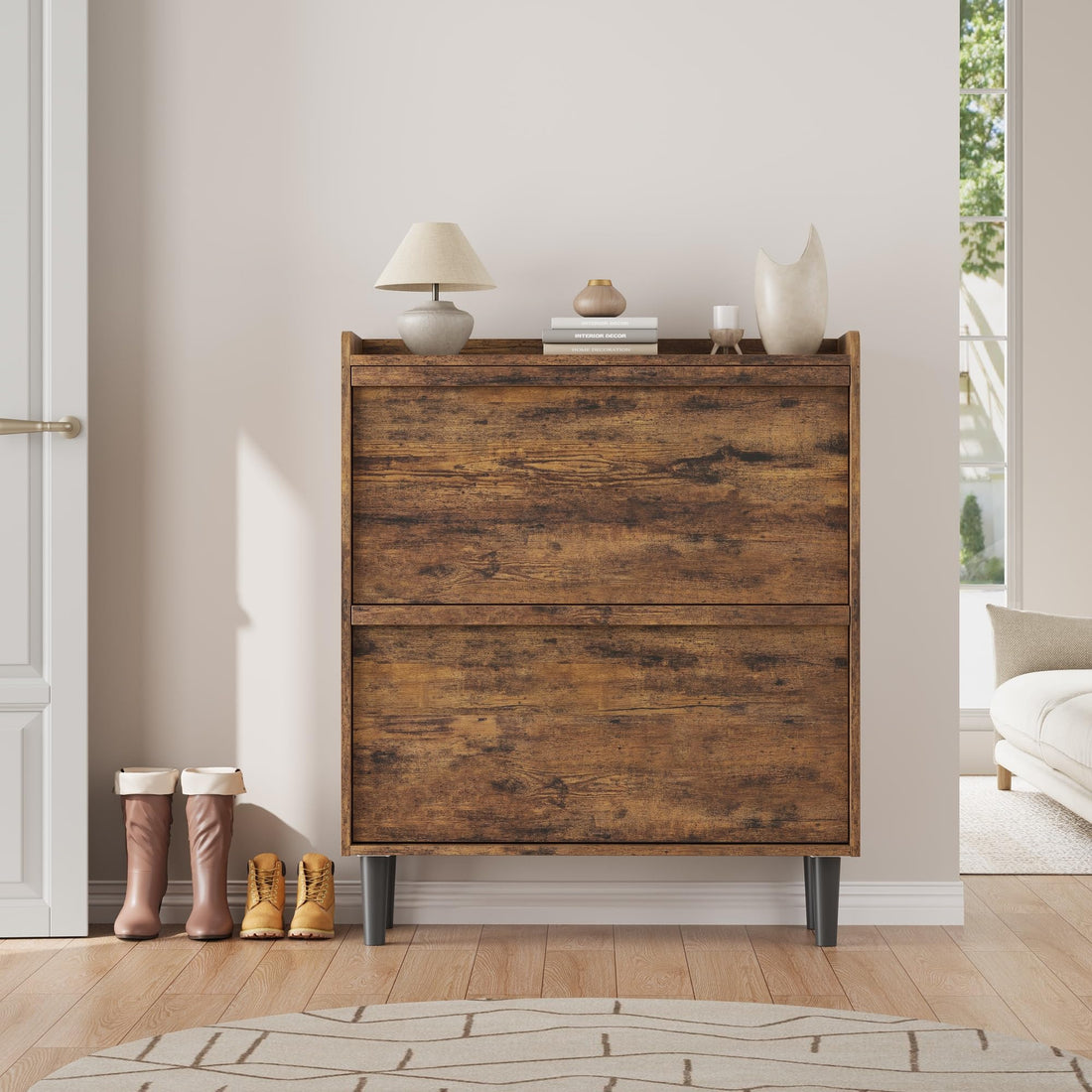 Garvee Meuble à chaussures 2 tiroirs abattants, MDF brun rustique, 87,6 × 26,7 × 95,2 cm, étagères réglables pour entrée et salon