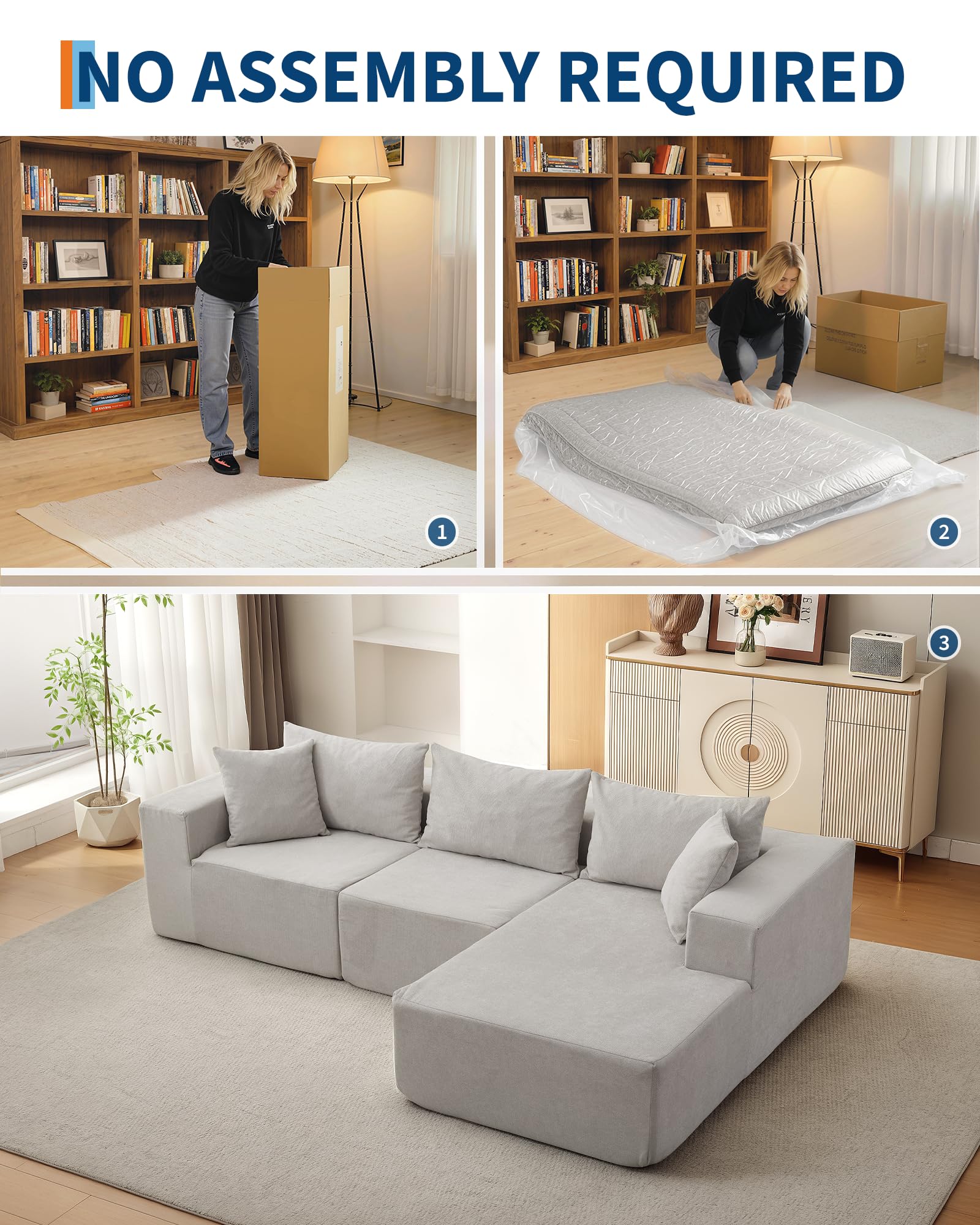 Canapé d'angle modulaire Garvee 108" Cloud, méridienne en L, tissu polymère confort sans os, style polyvalent pour le salon