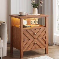 Table de chevet Garvee LED avec 2 tiroirs, éclairage RGB, design en V, bois, style rustique, marron, pour chambre et salon
