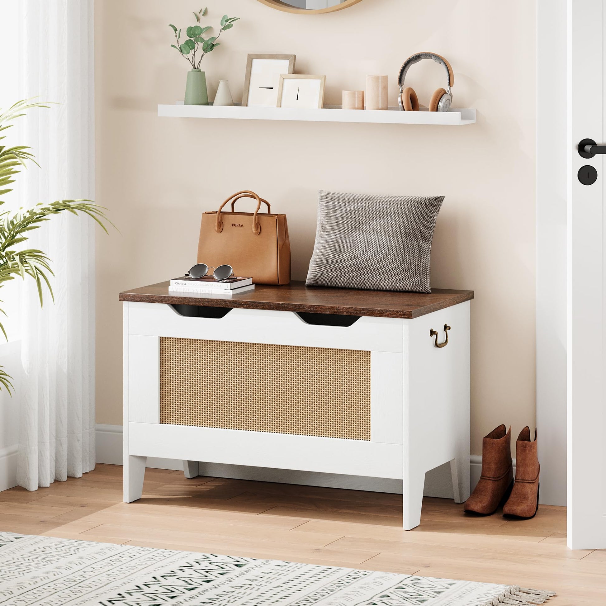 Garvee Coffre de Rangement en Bois avec Charnières de Sécurité, Banc Robuste 159 kg, Style Rustique Blanc, pour Salon et Salle de Jeux