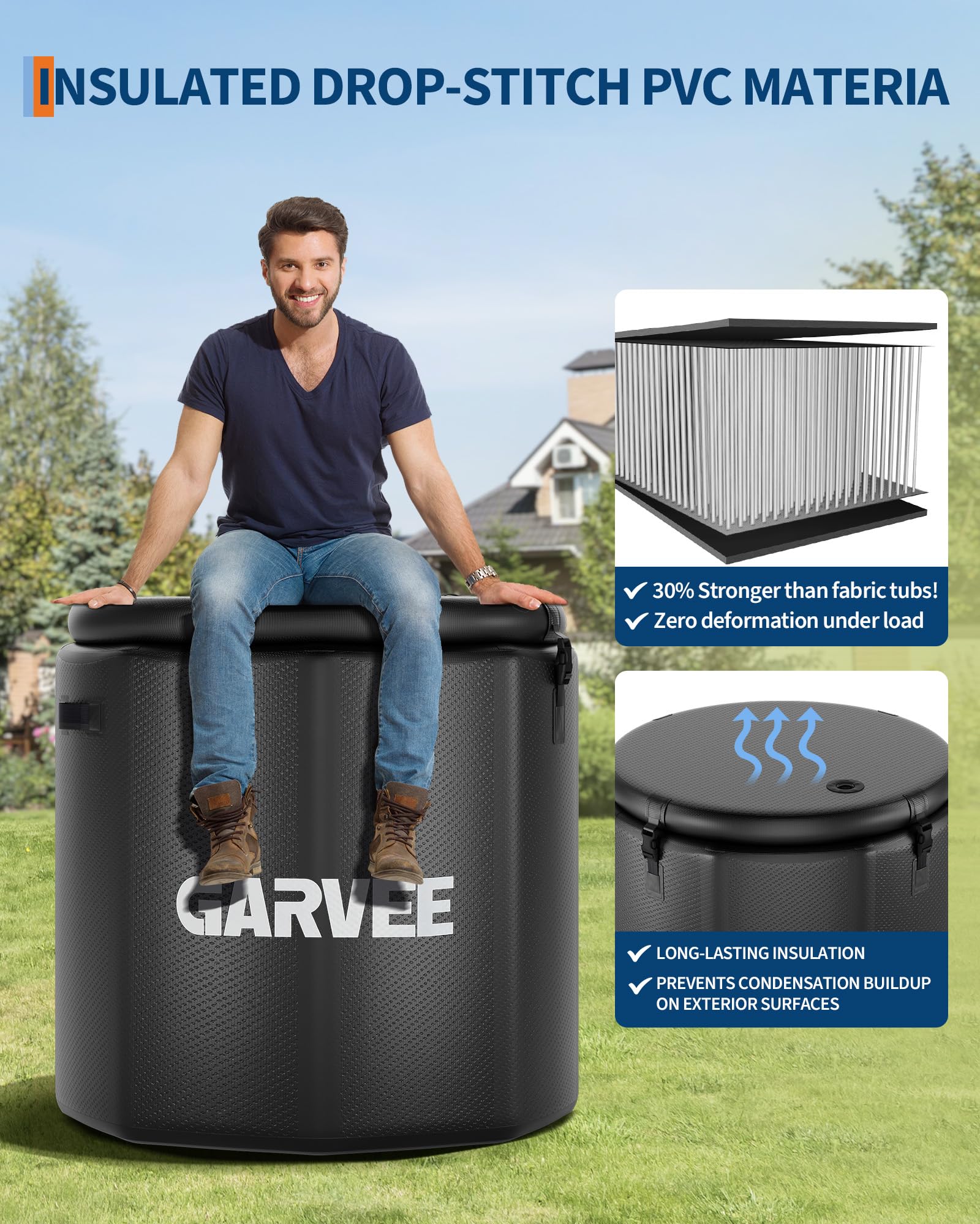 Baignoire balnéo Garvee XXL pour athlètes, 700 litres, PVC de qualité militaire, compatible avec les refroidisseurs d'eau, portable, couvercle isolé, sports et loisirs