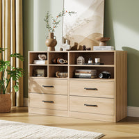 Garvee commode à 4 tiroirs avec 6 compartiments ouverts, étagères réglables, MDF, meuble TV moderne pour la chambre et le salon, chêne, 120 cm (L) × 81 cm (H)