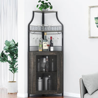 Garvee Meuble bar d'angle, 5 niveaux avec casier à vin, porte-verres, porte coulissante de style grange, idéal pour le salon et la cuisine, 47 × 45 × 154 cm, gris, gain de place, robuste