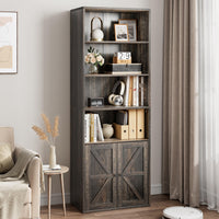 Bibliothèque Garvee avec portes, style industriel, 6 étagères, profondeur, capacité de charge 30 kg, design rustique en bois, pour bureau et salon, blanc