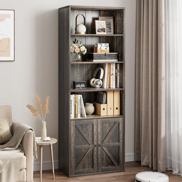 Bibliothèque Garvee avec portes, style industriel, 6 étagères, profondeur, capacité de charge 30 kg, design rustique en bois, pour bureau et salon, blanc