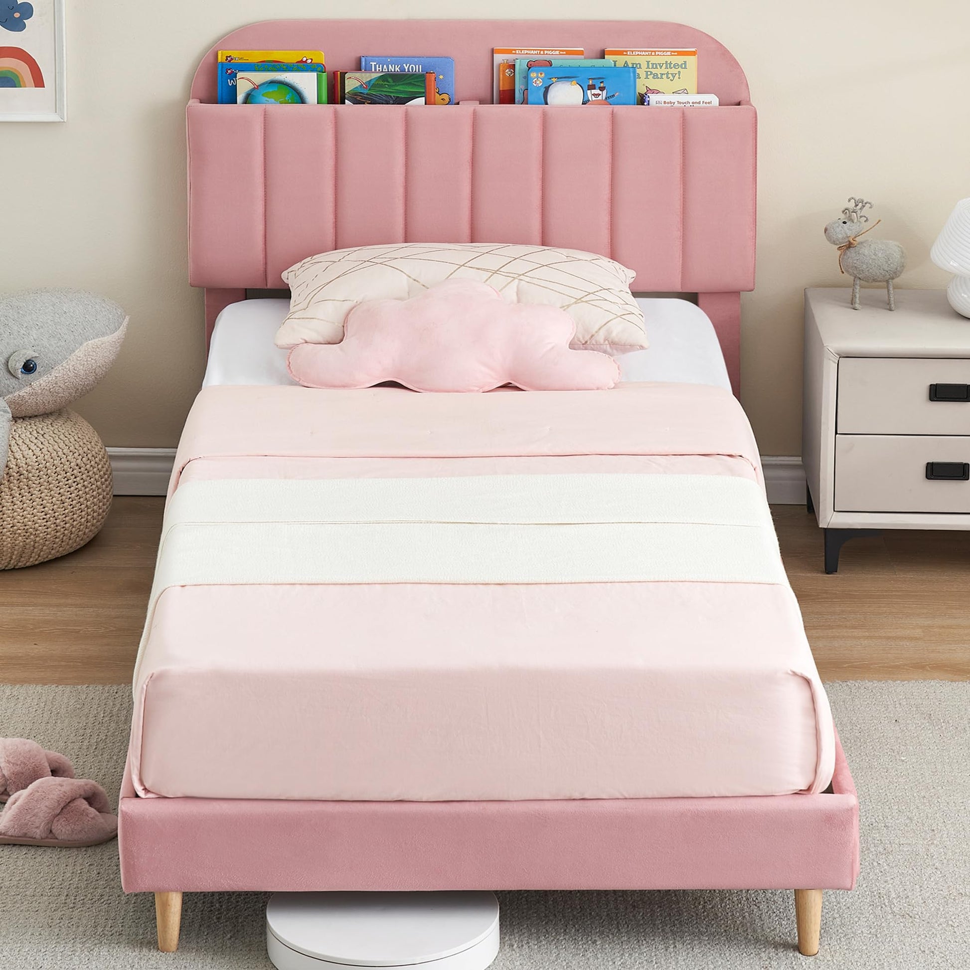 Cadre de lit double Garvee avec bibliothèque, velours, pieds robustes en acier, silencieux, rose, pour chambre d'enfant