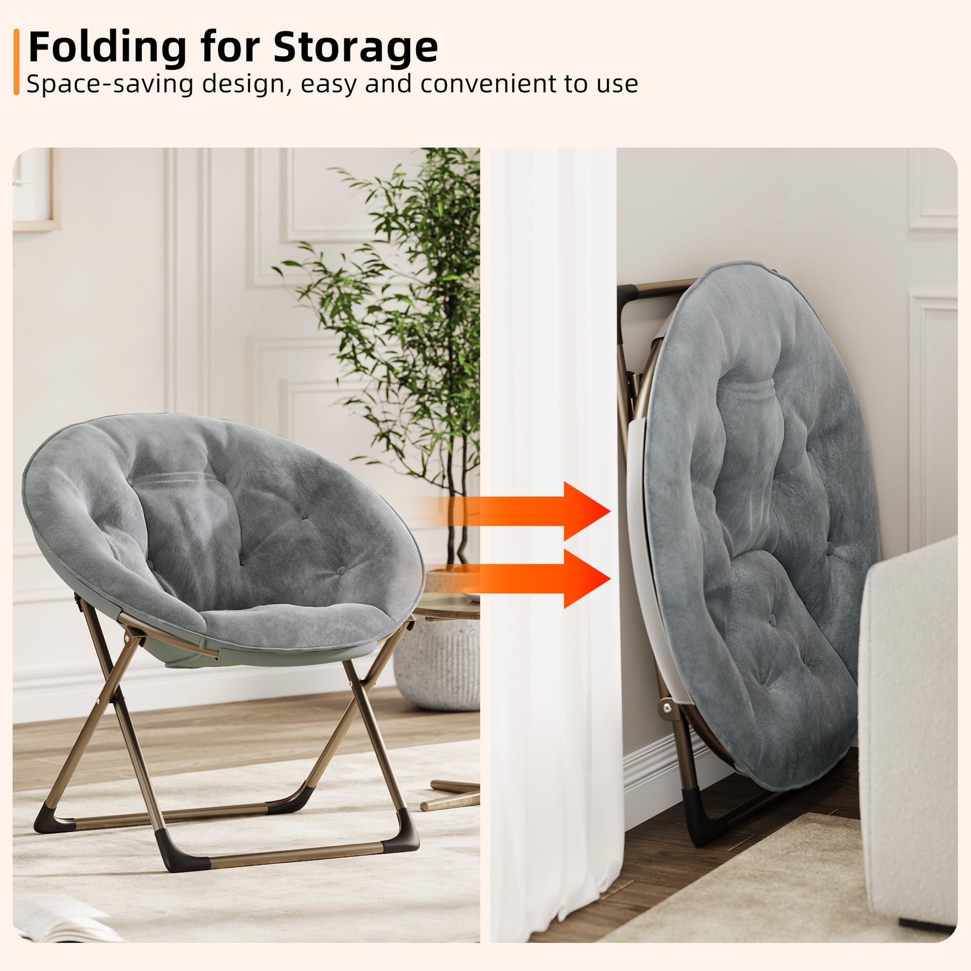 Fauteuil lunaire Garvee Saucer avec structure métallique pliable, coussin floral surdimensionné en peluche, confortable et stable pour la chambre et le salon, gris