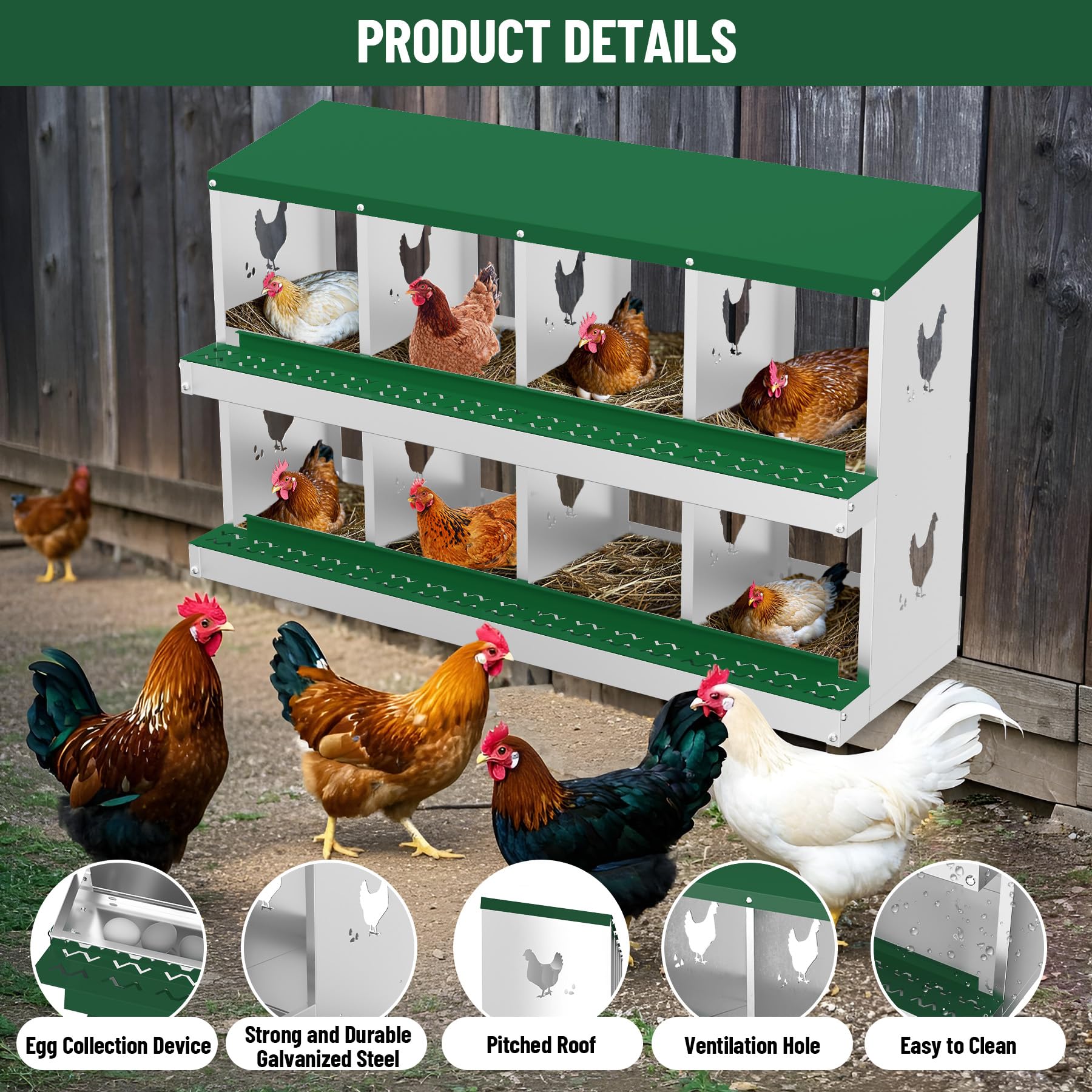 Garvee pondoir pour poules à 8 compartiments, acier galvanisé de 0,7 mm, conception résistante à la pluie, installation murale ou sur pieds, idéal pour poulaillers, fermes et jardins, vert