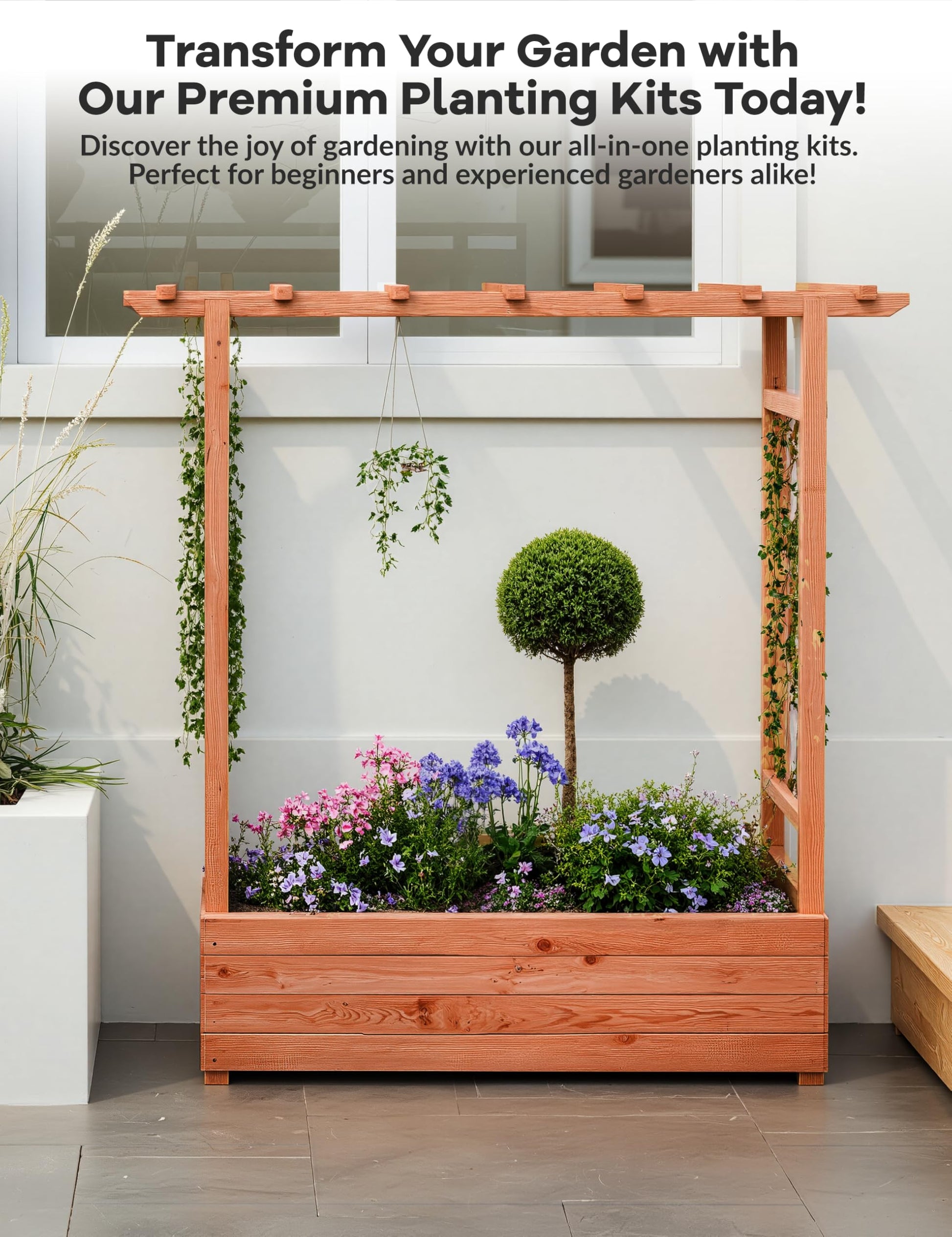 Jardinière surélevée Garvee avec treillis, 114 cm, bois résistant aux intempéries, pour balcon et jardin, autoportante, 4 trous de drainage, coloris naturels