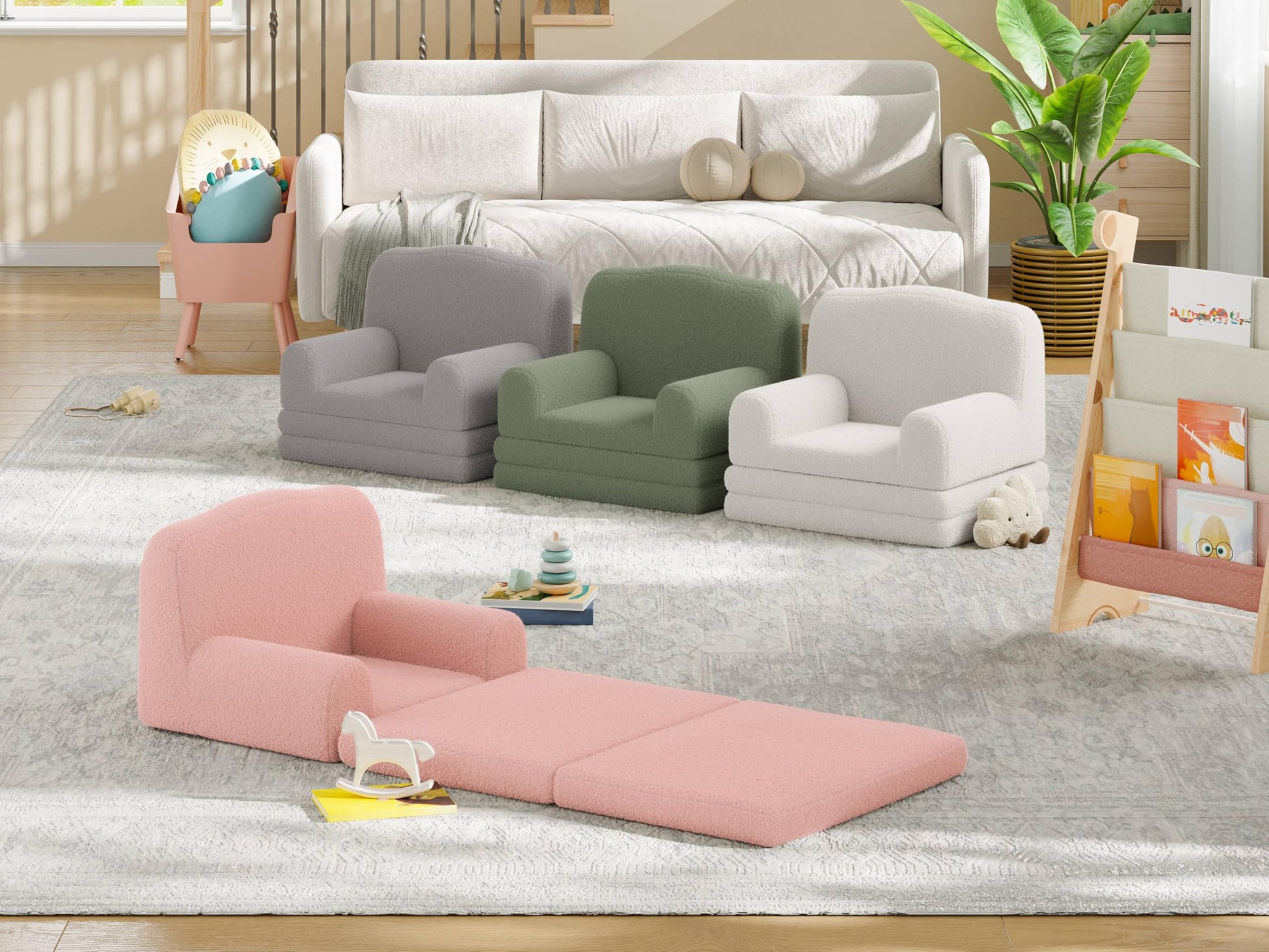 Fauteuil-canapé enfant Garvee en sherpa réversible avec housse lavable, motif couronne, idéal pour la salle de jeux et la chambre d'enfant. Léger, confortable et pliable.