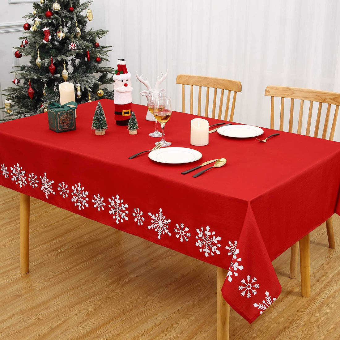 Nappe de Noël Garvee Zmywalny 137x250 cm Rouge Infroissable et Résistante pour Salle à Manger Festive
