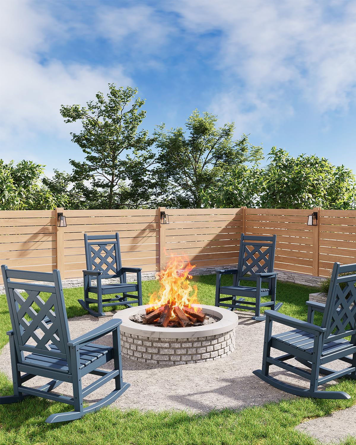 Fauteuil à bascule d'extérieur Garvee en PEHD résistant aux intempéries avec revêtement imitation bois, ergonomique, bleu marine, pour terrasse et jardin, capacité de charge de 172 kg