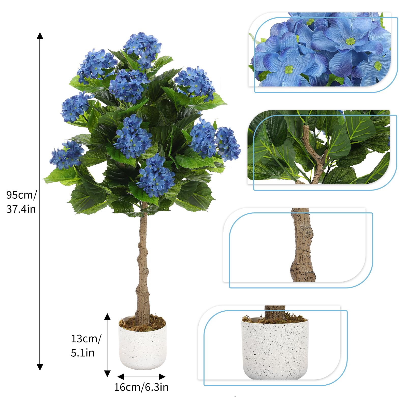 Hortensia artificiel Garvee de 95 cm avec 9 fleurs bleues, feuilles en polyester résistant, pot noir pour la décoration de la maison et du bureau