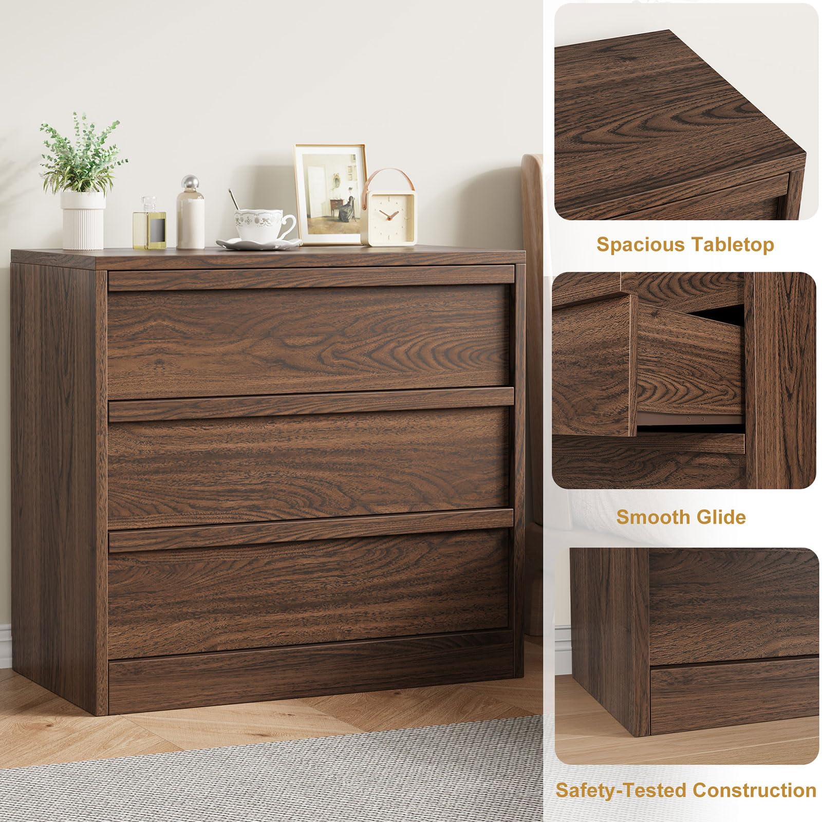 Commode Garvee à 3 tiroirs, noyer, offrant un grand espace de rangement pour la chambre, le salon et le couloir, 75 cm x 40 cm x 77 cm, design moderne