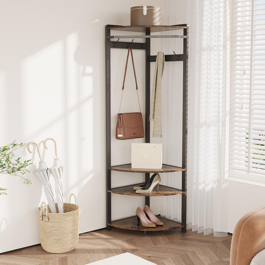Armoire d'angle Garvee avec banc à chaussures, 6 crochets doubles, en bois, structure robuste anti-basculement, idéale pour l'entrée et le couloir, gain de place, 180 cm (70,8 pouces), marron