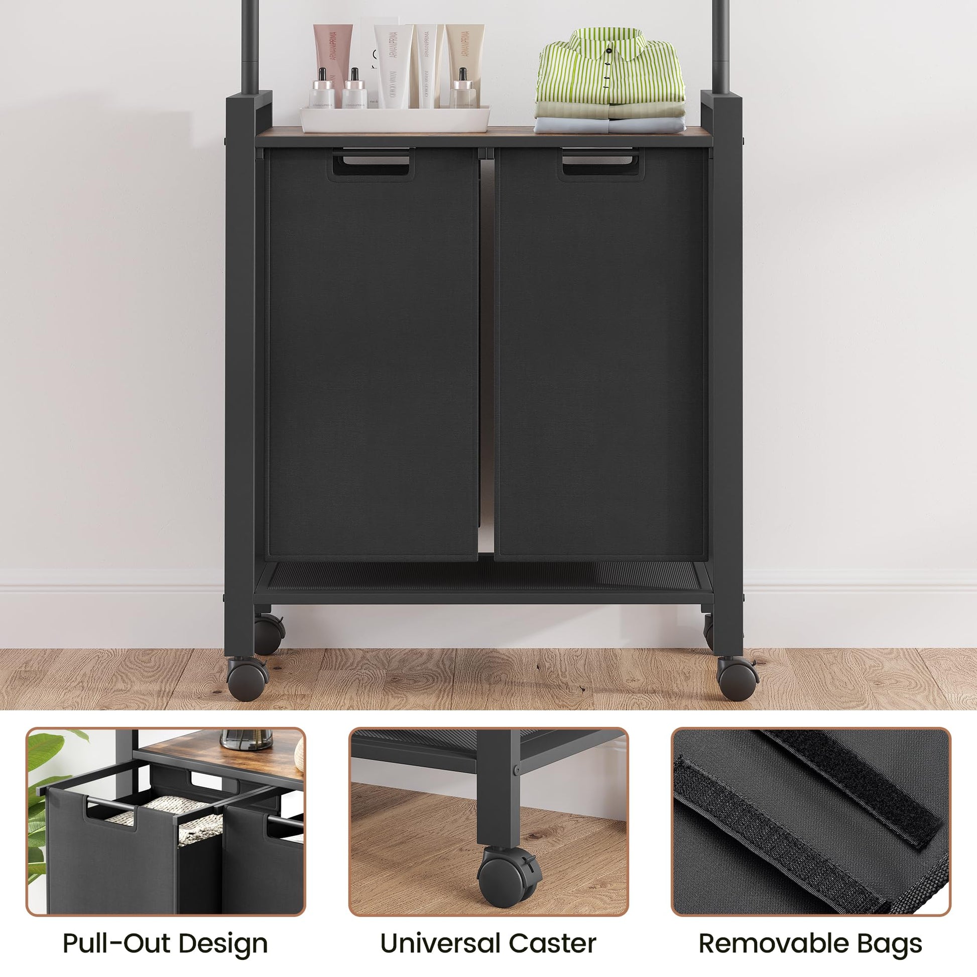 Panier à linge Garvee Trieur de linge à 2 compartiments avec barre de suspension et étagère en bois pour buanderie, 2 x 13 gal, noir