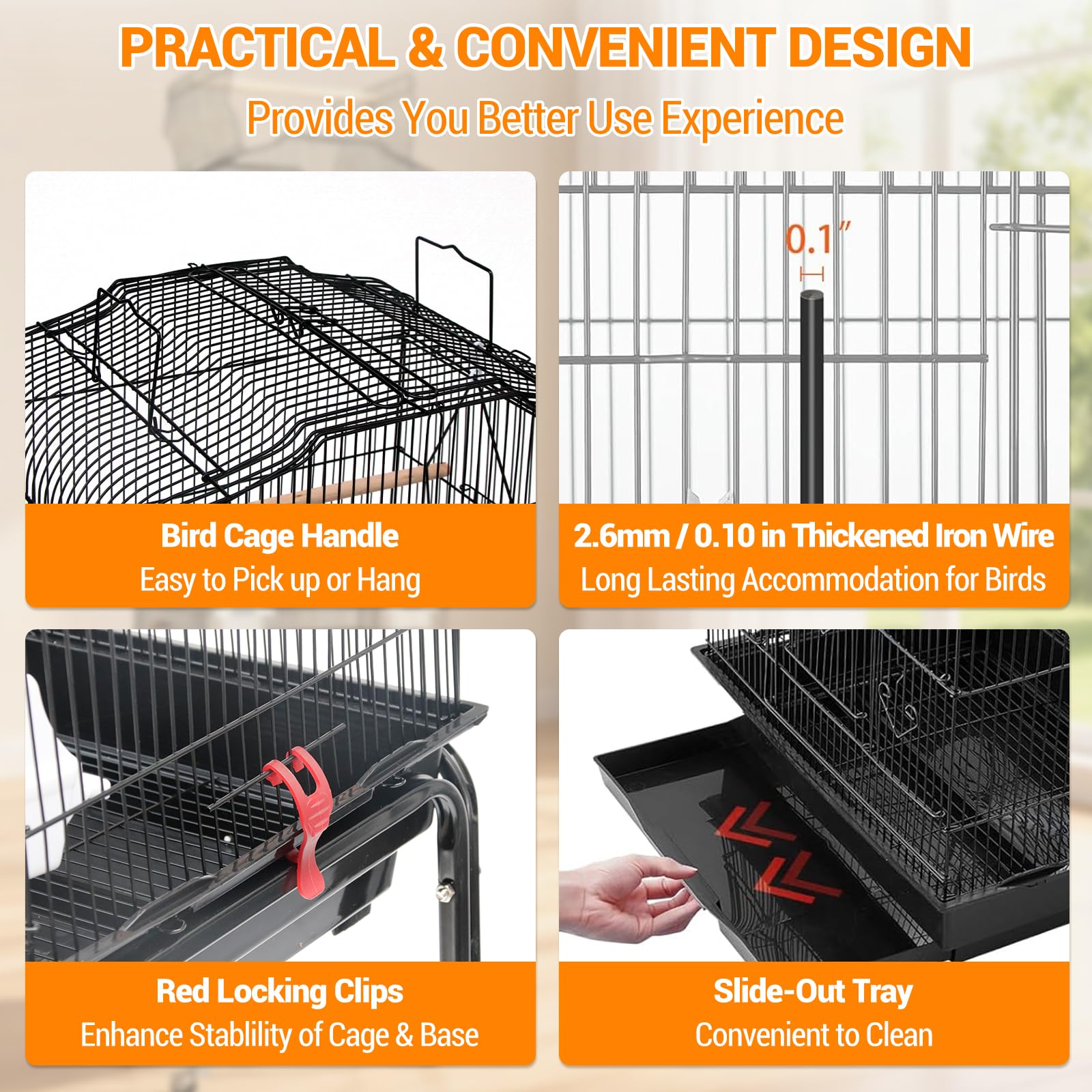 Cage à oiseaux Garvee avec plateforme de jeu, support à roulettes amovible, en métal, pour usage domestique et commercial, grand modèle, argentée