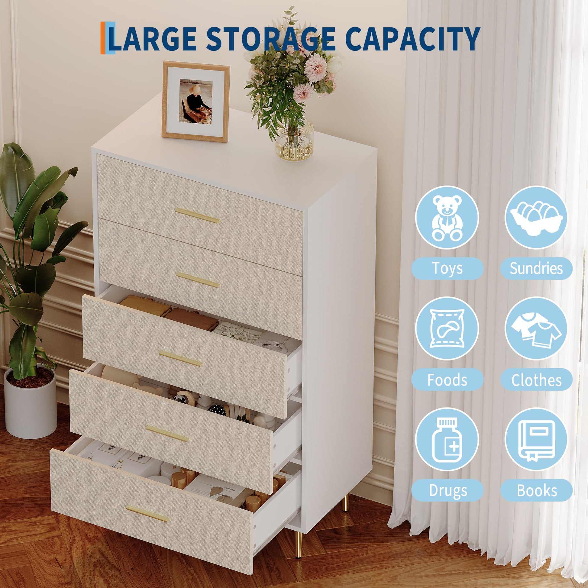 Commode Garvee blanche à 5 tiroirs avec poignées et pieds en métal doré, étroite, en bois, design moderne, idéale pour la chambre et l'entrée.