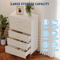 Commode Garvee blanche à 5 tiroirs avec poignées et pieds en métal doré, étroite, en bois, design moderne, idéale pour la chambre et l'entrée.