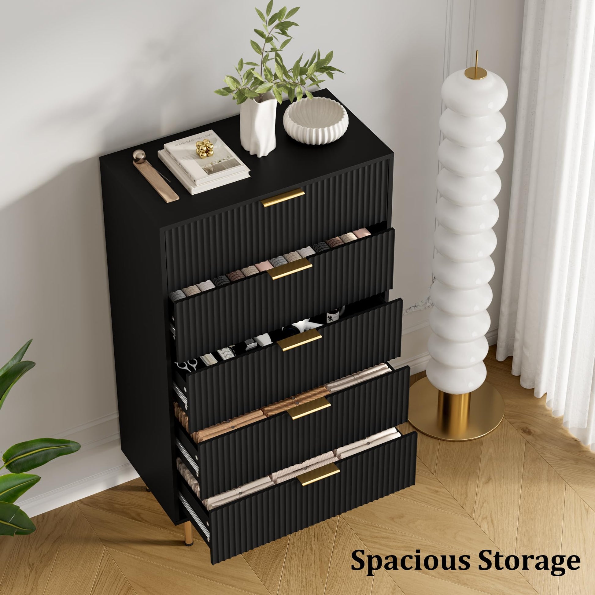 Garvee commode moderne à 5 tiroirs avec panneau cannelé, bois MDF, poignées en métal, pour chambre et couloir, 66 × 33 × 12 cm, noir