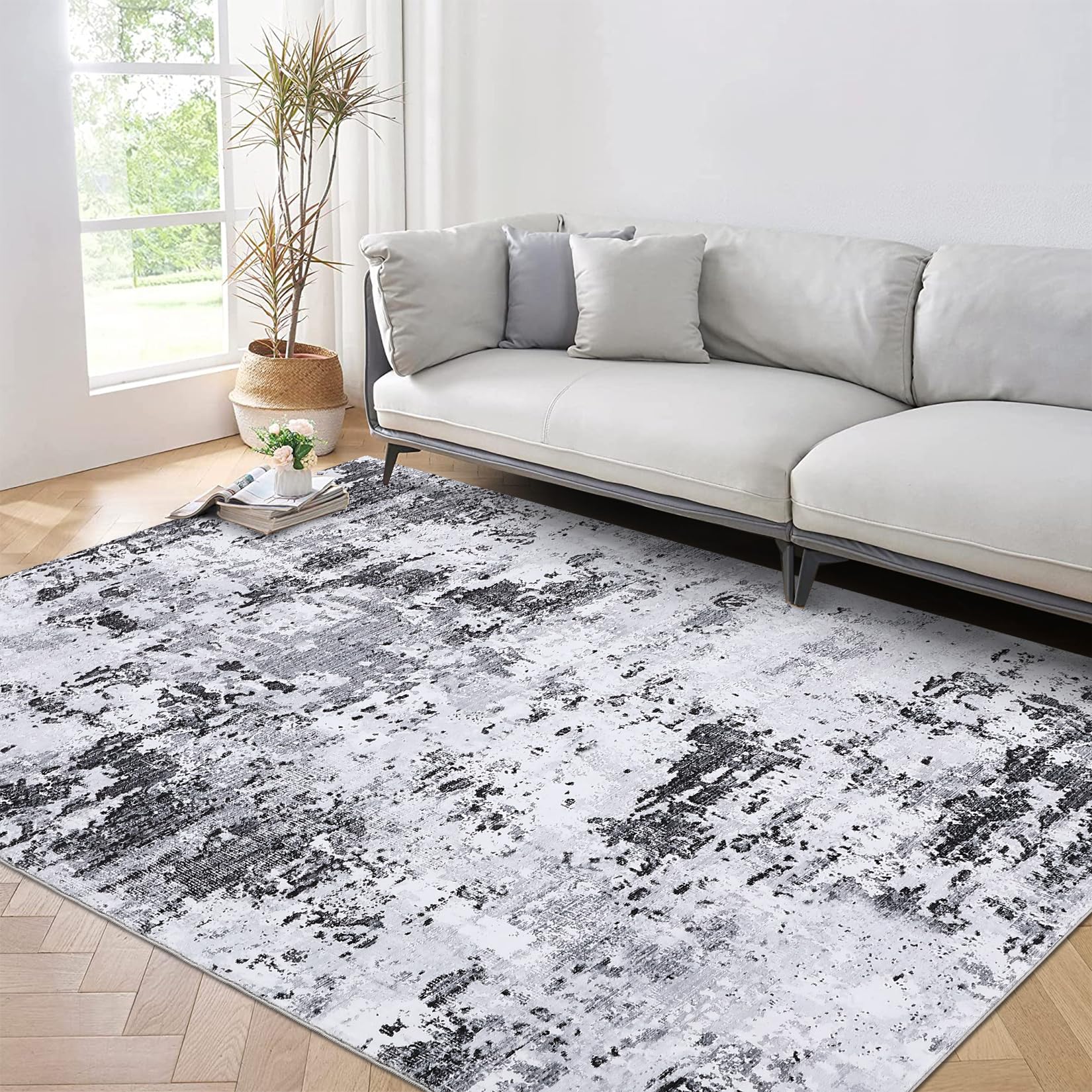 Tapis moderne abstrait Garvee 240 x 340 cm, gris, à poils courts, antidérapant, pour salon.