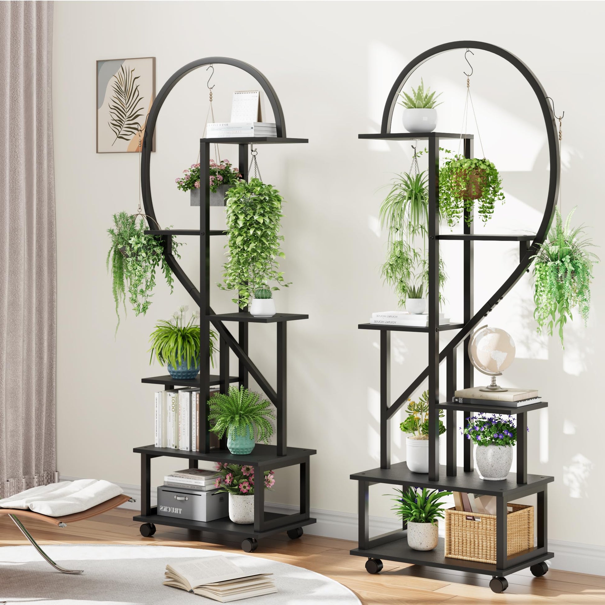 Ensemble de 2 supports à plantes Garvee, métal et bois, support à fleurs en forme de demi-cœur pour l'intérieur et l'extérieur, jardin, balcon, terrasse, noir