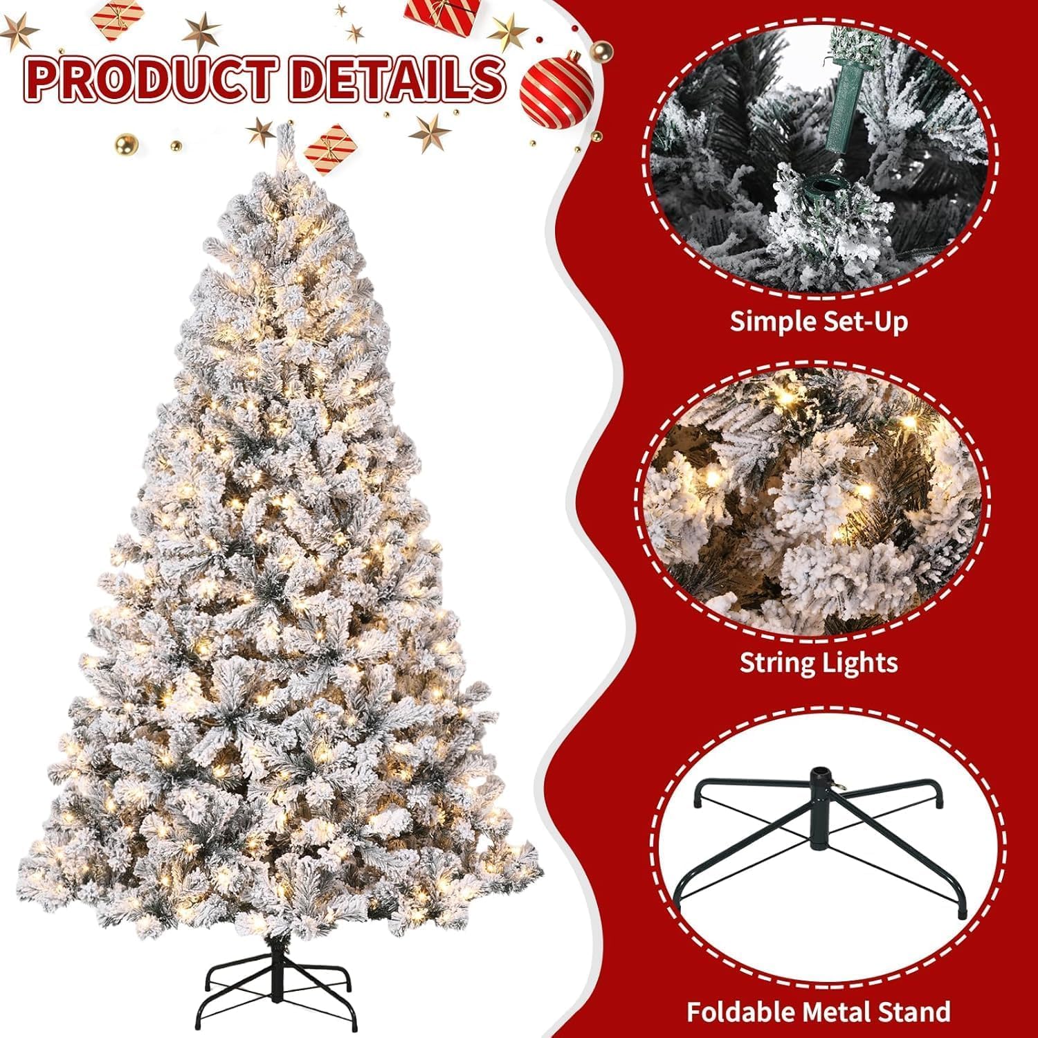 Sapin de Noël artificiel Garvee 274 cm – Finition givrée haut de gamme, éclairage LED blanc chaud, base en métal pour salles et événements