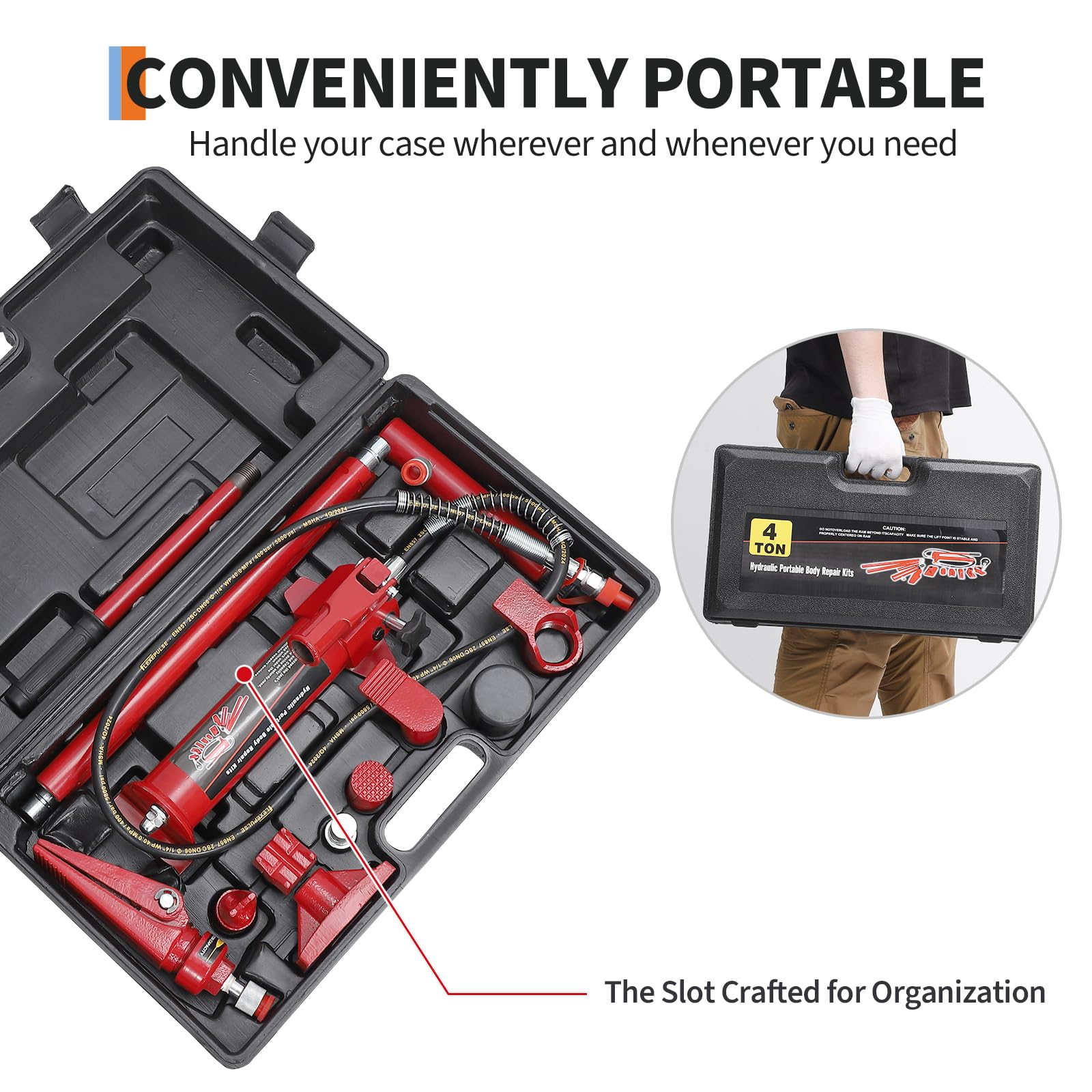 Cric hydraulique portatif Garvee 4 T - Construction robuste, tuyau d'huile de 1,4 m, valise de transport à roulettes, pour voiture, atelier, agriculture
