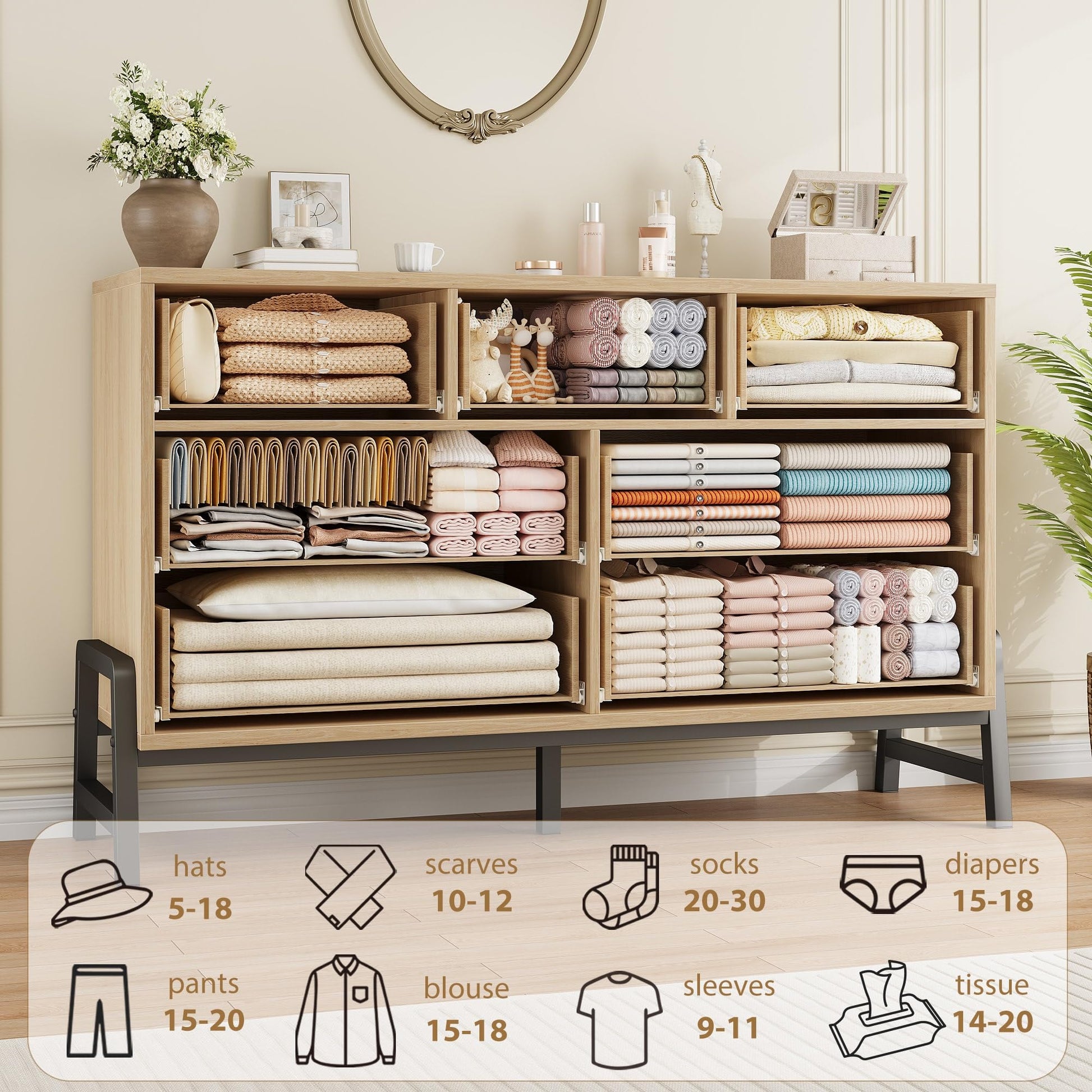 Commode Garvee à 7 tiroirs en MDF, table imperméable pour chambre et salon, design moderne et robuste, 132 x 41 x 81 cm, coloris naturel