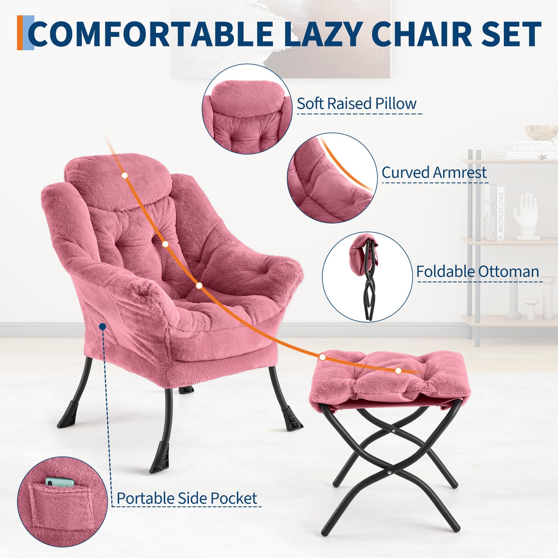 Fauteuil relax Garvee avec repose-pieds, ergonomique et élégant, en peluche rose, idéal pour le salon et le bureau.