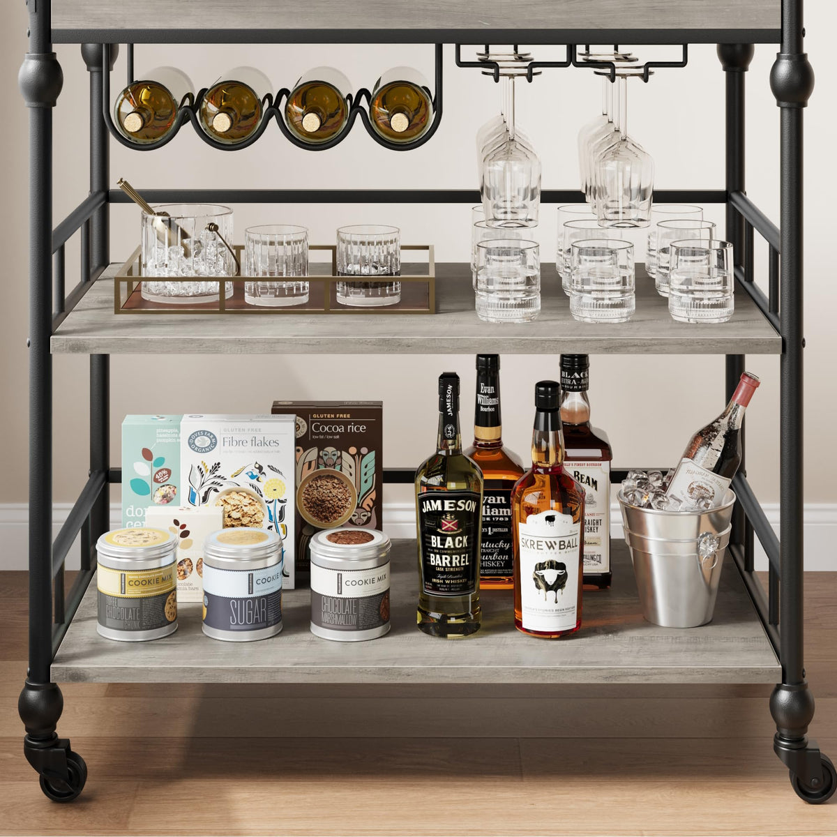 Garvee Chariot à boissons industriel gris avec roues, 3 niveaux, plateau amovible, support pour verres et range-bouteilles, pour salon et salle à manger