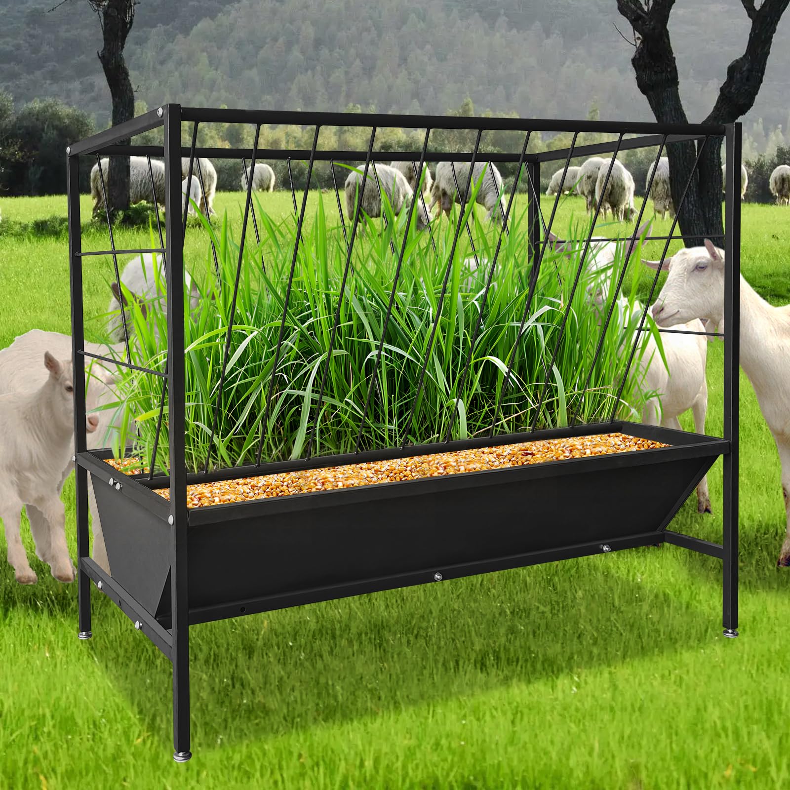 Mangeoire à foin Garvee Pasture de 45 gallons en acier robuste 2 en 1 avec râtelier à foin pour chevaux et moutons, usage extérieur et intérieur, noir