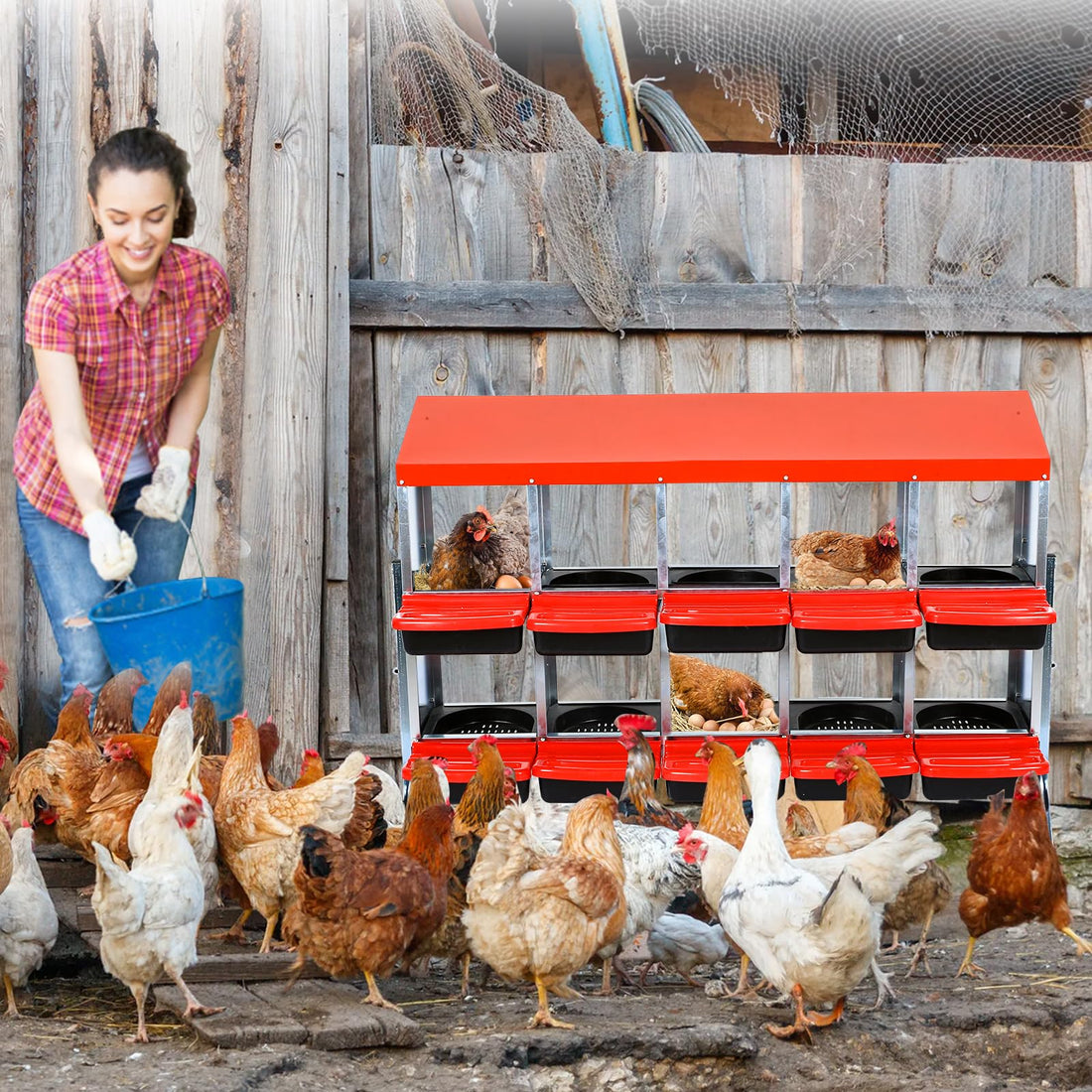 Garvee Pondoir pour Poules 10 Compartiments avec Support Métallique, Acier Galvanisé 0,7mm, Couvercle Émaillé et Bacs en Plastique Antirouille