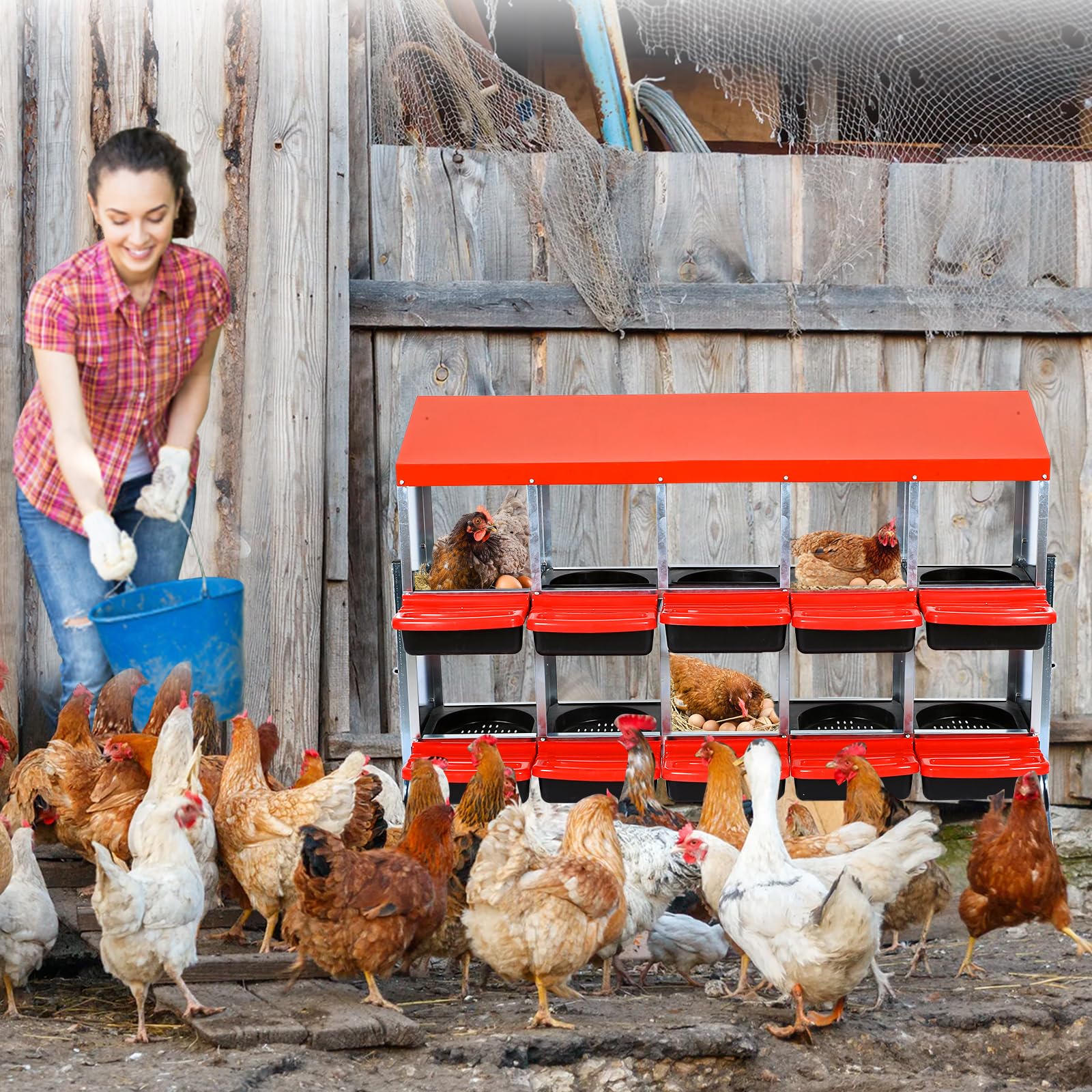 Garvee Pondoir pour Poules 10 Compartiments avec Support Métallique, Acier Galvanisé 0,7 mm, Couvercle Émaillé et Bacs en Plastique Antirouille, Montage Facile, Rouge