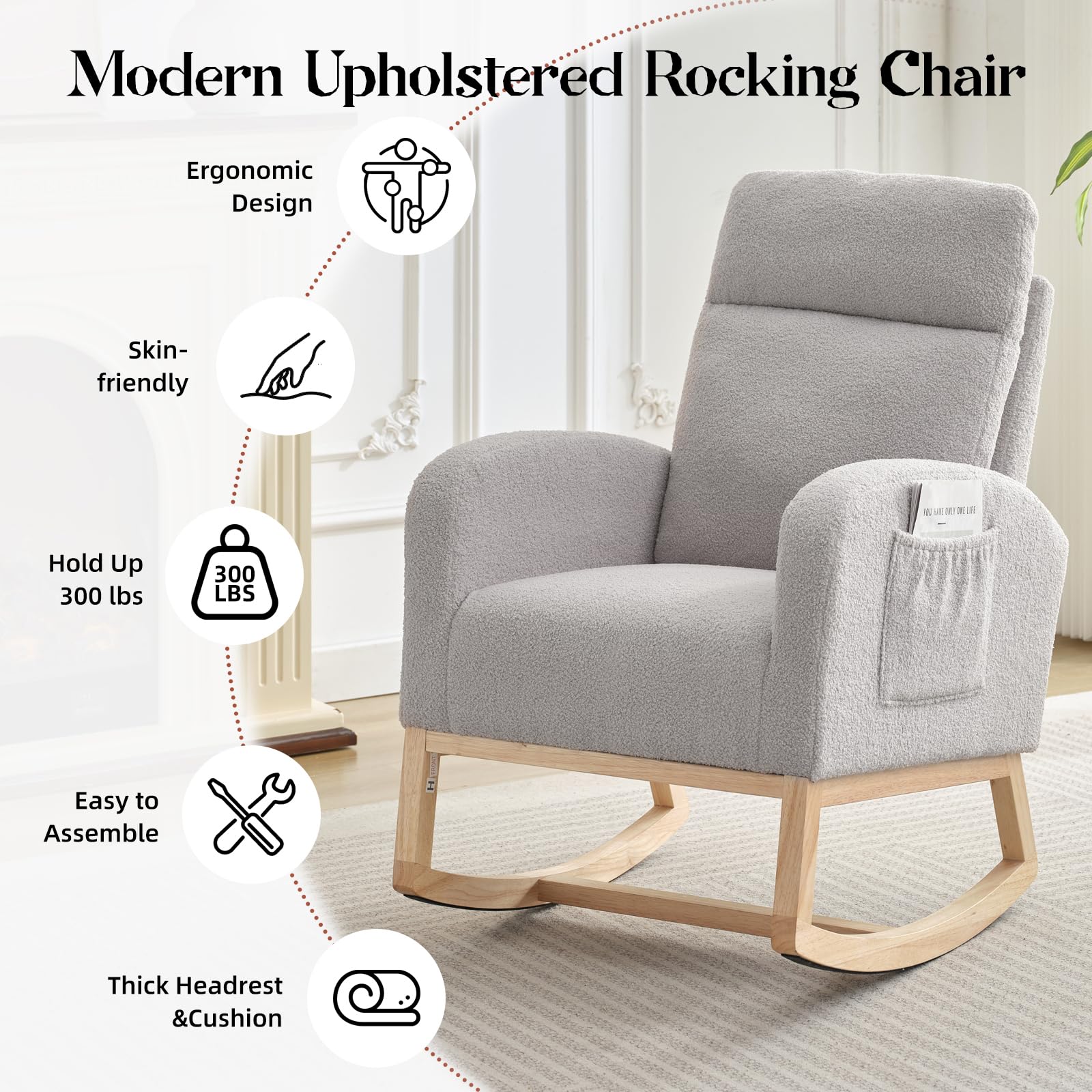 Garvee fauteuil à bascule en tissu Teddy avec dossier haut de 66 cm, ergonomique et stable, pour chambre d'enfant et salon