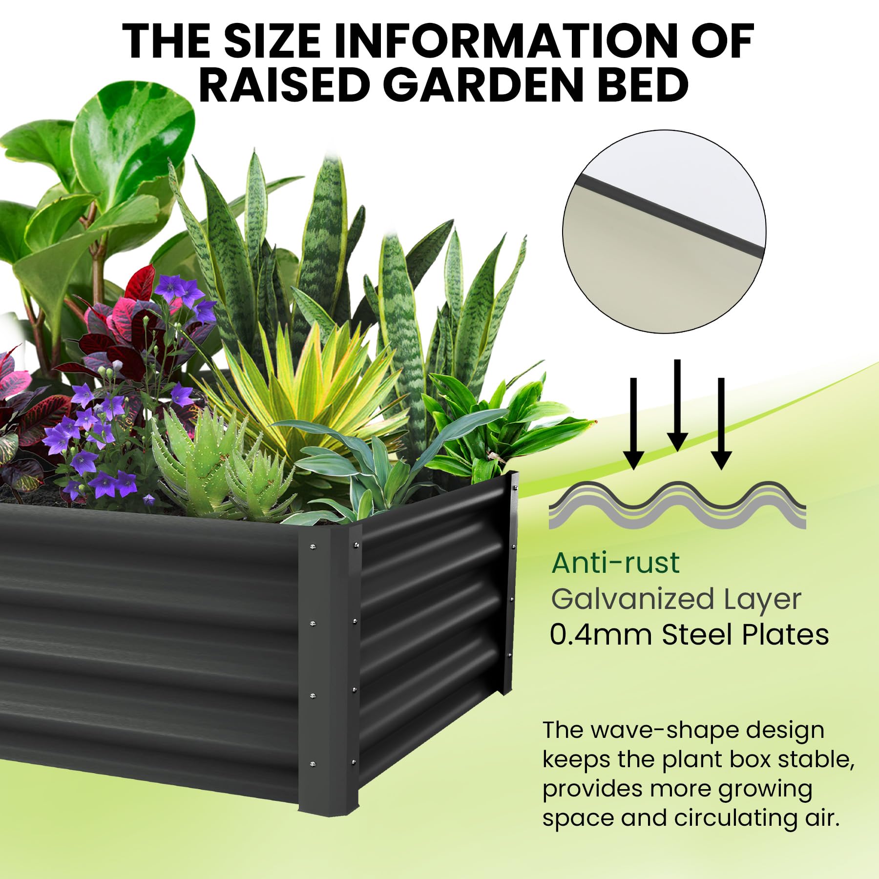 Potager surélevé galvanisé Garvee 180 x 90 x 30 cm, en acier, antirouille, avec rebord de sécurité, idéal pour le jardin et la terrasse, durable et facile à monter.