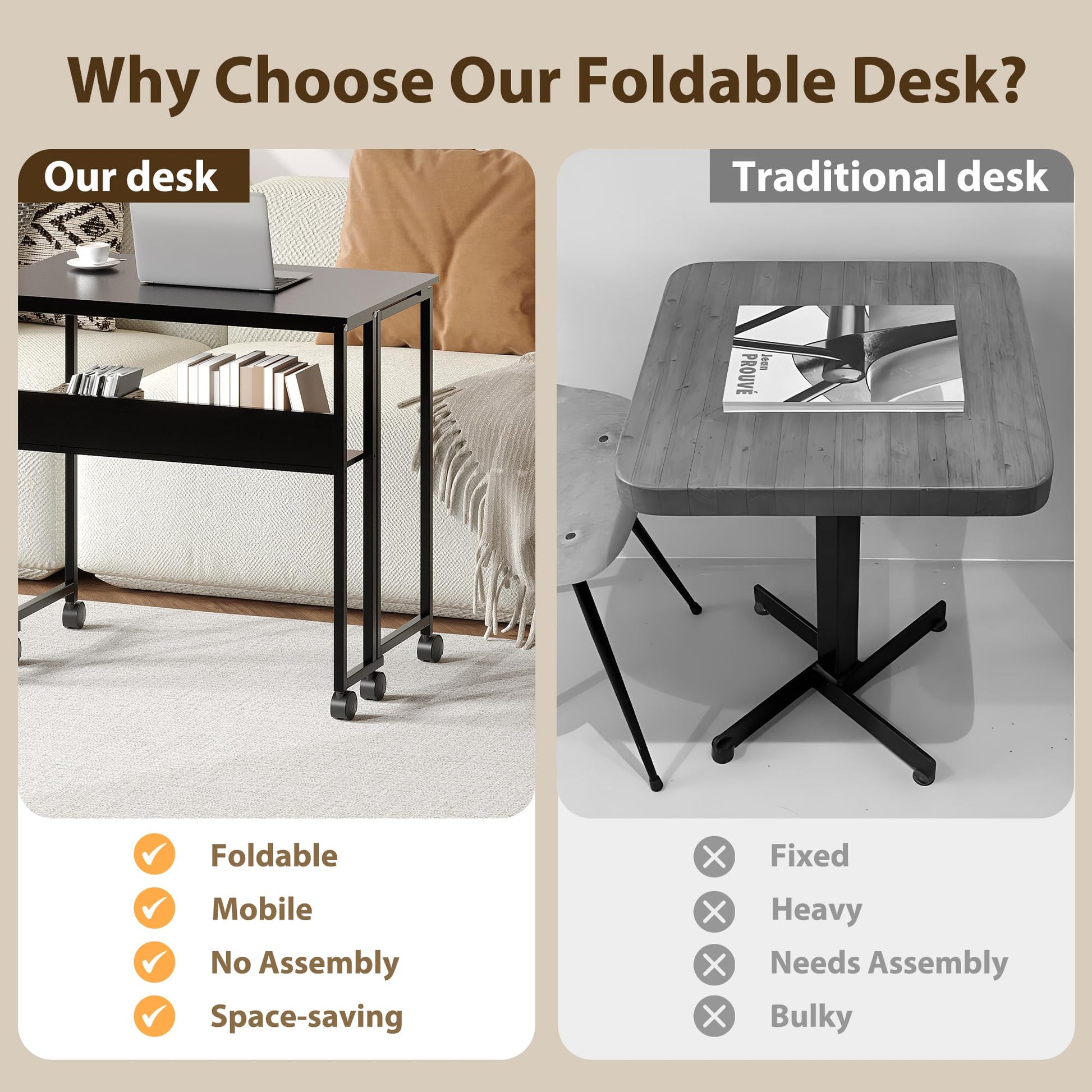 Table pliante compacte Garvee avec roulettes et étagère pour bureau à domicile et espace de travail, structure en acier de 63 cm (24,8 po), gain de place, mobile, noire