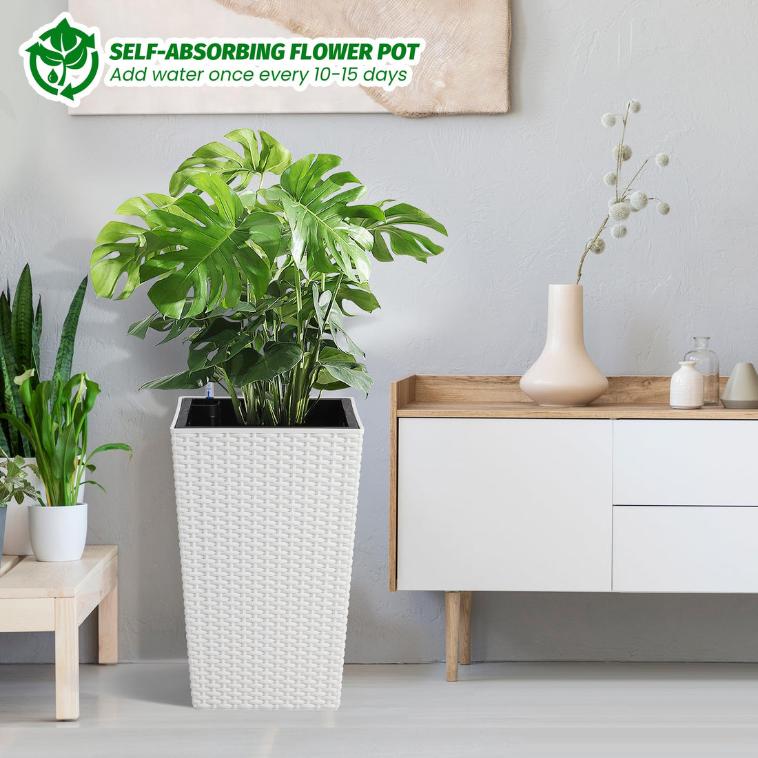 Garvee Ensemble de jardinières 40 cm en rotin synthétique, indicateur de niveau d'eau + roulettes, couleur blanche, résistant aux intempéries, parfait pour terrasse et salon
