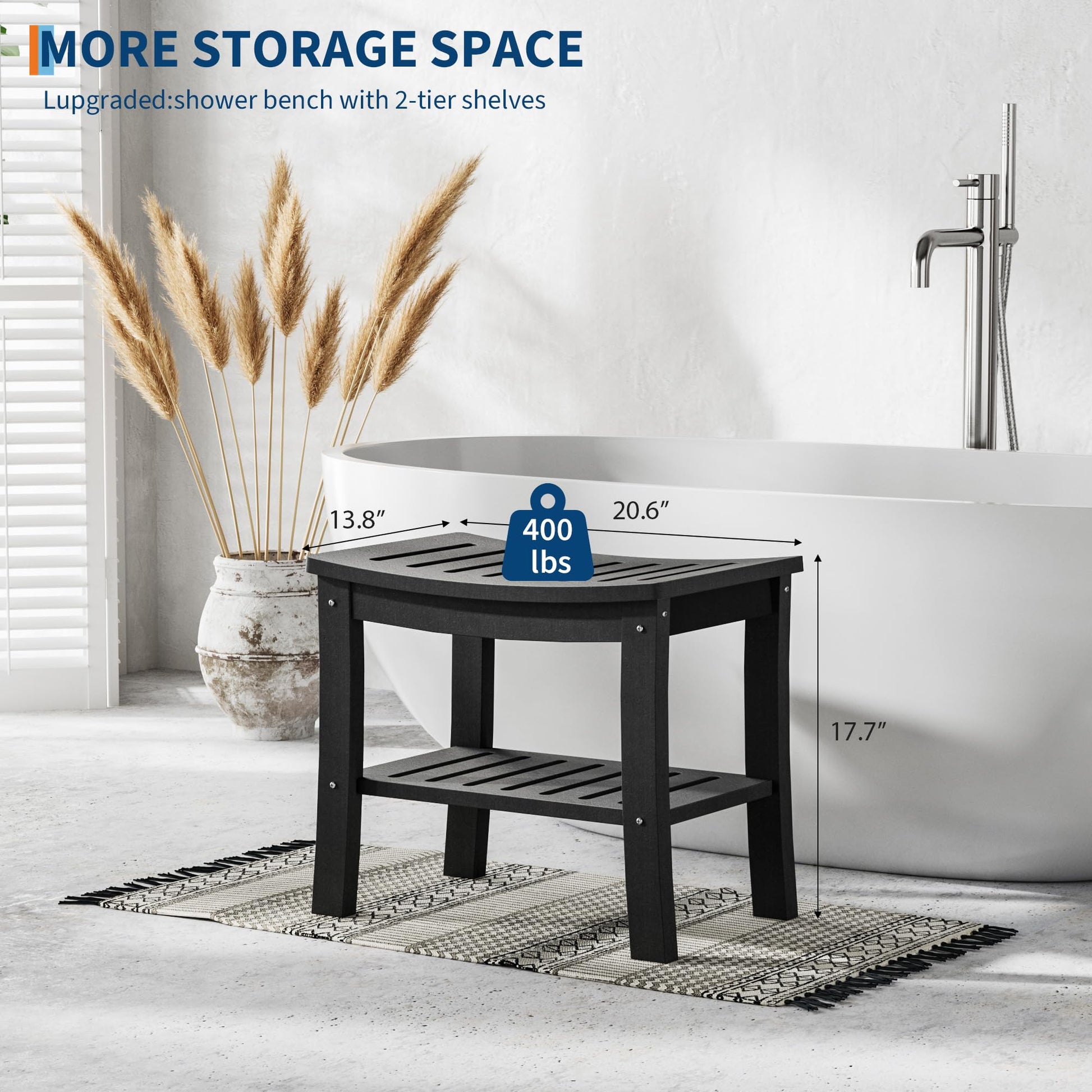 Banc de douche Garvee en PEHD avec étagère pour salle de bain et baignoire, noir, aspect bois, imperméable, résistant aux rayures