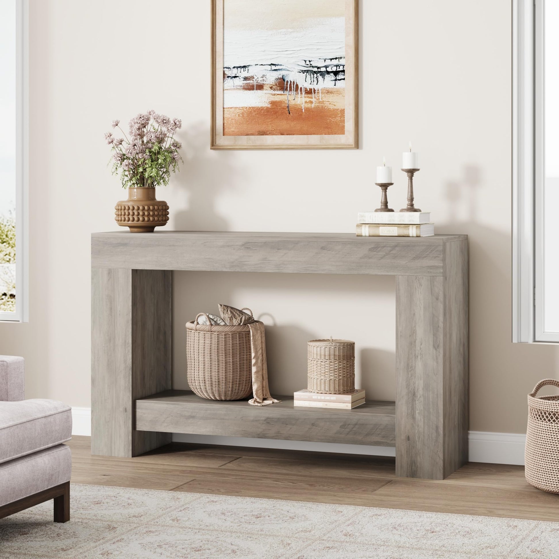Garvee Console 119,4 cm pour couloir, 2 niveaux, bois robuste, style rustique, avec rangement, pour salon et entrée, marron