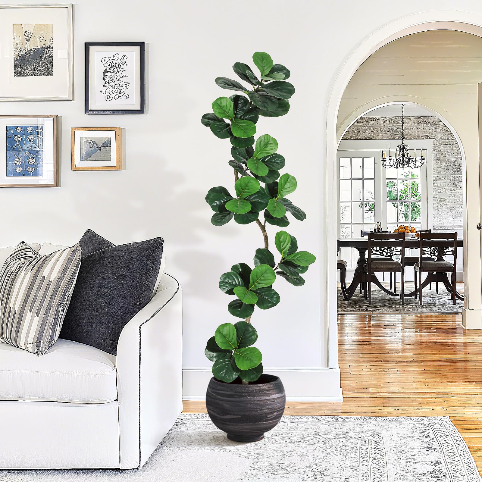 Garvee Ficus lyrata artificiel 213 cm en forme de S, pot blanc, feuilles en soie réalistes et branches ajustables, intérieur et extérieur